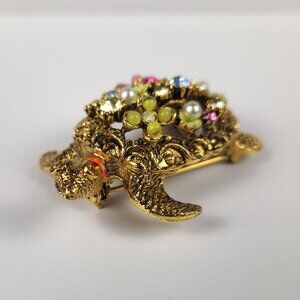 Vintage ART Signed Turtle Brooch Amber Rhinestone Faux Pearl Flower Shell Pin